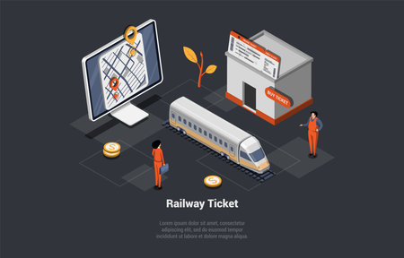 Online Buying Railway Tickets Mobile App, Traveling by Train Concept. Man Passenger Buying Tickets And Waiting For A Train. Character At Railway Platform. Isometric 3d Cartoon Vector Illustrationのイラスト素材