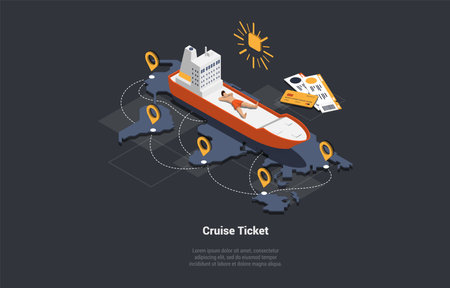 Online Cruise Tickets Buy, Traveling By Liner Concept. Boy Sunbathing On Deck On Luxury Cruise Liner. Character Buy Ticket And Go On Trip Around The World. Isometric 3d Cartoon Vector Illustrationのイラスト素材