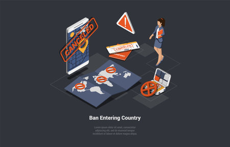 Cancellation Visa Or Trip, Business Woman Got Ban On Entering Country Because Of Sanctions. Economic, Political Sanctions Imposed on Individual Citizen And Countries. Isometric 3d Vector Illustrationのイラスト素材