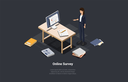 Concept Of Online Survey. Objective Feedback, Choosing Answer, Making Decision and Research. Woman Is Collecting Online Survey, Customer Review, Voting, Checklist. Isometric 3d Vector Illustrationのイラスト素材