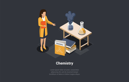 Concept Of Chemistry Studying, Subject, Education, Online Science Courses. Female Character Is Standing Near Desk With Flask with Reagents. School Education System. Isometric 3d Vector Illustrationのイラスト素材