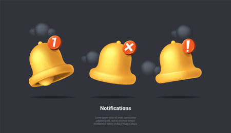 Update Time Creative Concept. Realistic Notification Bell, 3d Render Yellow Ringing Bell With New Notification For Social Media Reminder. Subscribe Reminders Bell. Vector 3d Cartoon Illustrations Setのイラスト素材