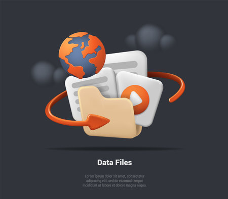 Data Files, Folder and Paper For Management File, Document Efficient Work On Project Plan Concept. 3d Document Cartoon Style Minimal Folder With Files And Globe Icon. 3d Realistic Vector Illustrationのイラスト素材