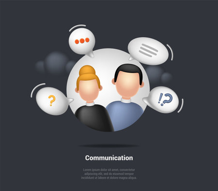 Concept Of Social Media, Dating And Notifications Page, Floating Elements, Business Planning, Events, Reminder, Timetable. Man And Woman Avatar With Icons. 3D Rendering Realistic Vector Illustrationのイラスト素材