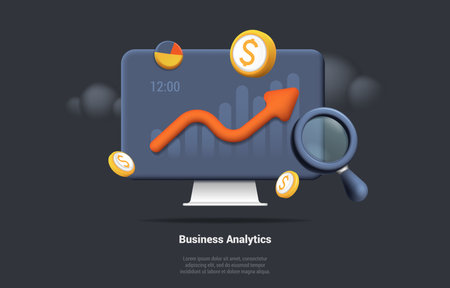 Business Analytics, Increase Chart With Indicators And Coin Avatar Icon. SEO Optimization For Marketing Social Media. Financial Report, Data Analysis, Web Development. 3d Vector Render Illustrationのイラスト素材