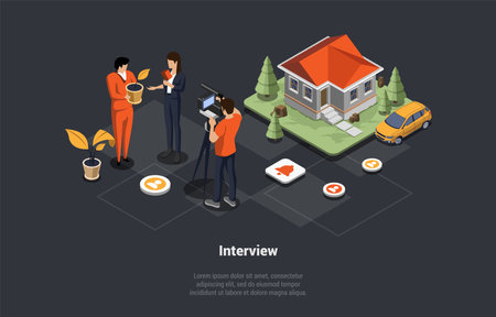 Interview, Broadcasting, Communication And Brief News Concept. Woman Journalist Interviews Well-Known Media Personality. Cameraman With Camera Recording Reportage. Isometric 3d Vector Illustrationのイラスト素材