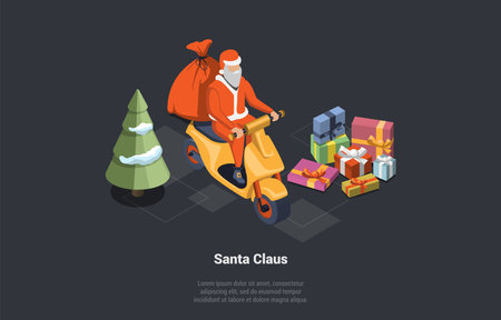 Concept Of Winter Holidays And Vacations. Happy Santa Carries Christmas Gifts in a Sack Riding On Motor Scooter, Wishing Happy New Year And Merry Christmas. Isometric 3d Cartoon Vector Illustrationのイラスト素材
