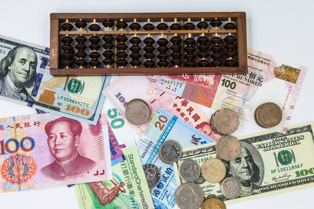 A collection of various money to background. Isolated on white.の写真素材