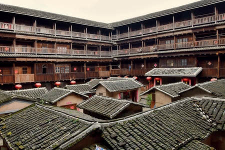 FUJIAN PROVINCE, CHINA - CIRCA MAY 2016: The Fujian tulou, the chinese rural dwelling unique to the Hakka minority in Fujian province.のeditorial素材