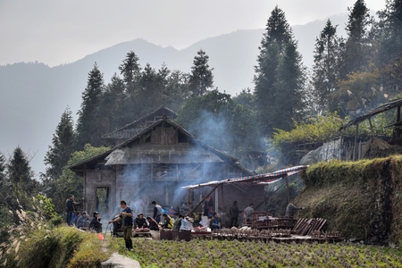 GUIZHOU PROVINCE, CHINA  CIRCA DECEMBER 2017:  A home-made pig-slaughtering on the occasion of wedding feast. An old wooden cottage and misty mountains in the background.のeditorial素材