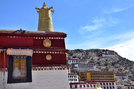Ganden Monastery located at the top of Wangbur Mountain is one of the "great three" Gelug university monasteries of Tibet. It was founded in 1409 by  founder of the Gelug order.の写真素材