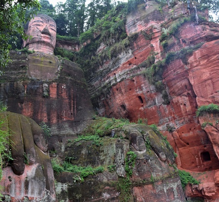 The detail of Leshan Giant Buddha 71 meters tall stone statue carved out of the cliff, faces confluence of Min River and Dadu River.の写真素材