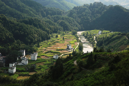 River in mountain villageの写真素材