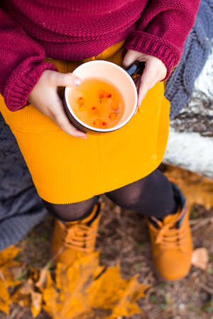 children in the autumn forest on a picnic grill sausages and play the guitarの写真素材