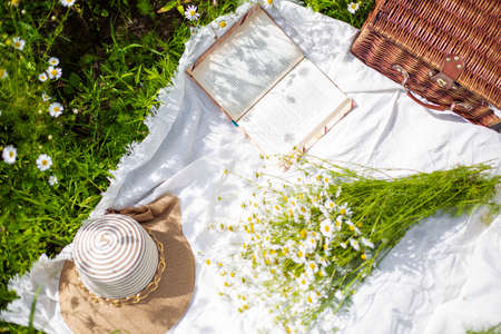 a girl in a white dress walks in a chamomile field with daisies