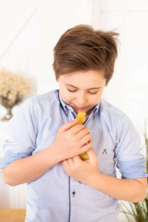 Cute children, boy, playing with ducksの写真素材