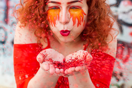 Portrait of a girl with a fiery make-upの写真素材
