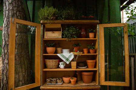 simple cottage and well on backyard in villageの写真素材