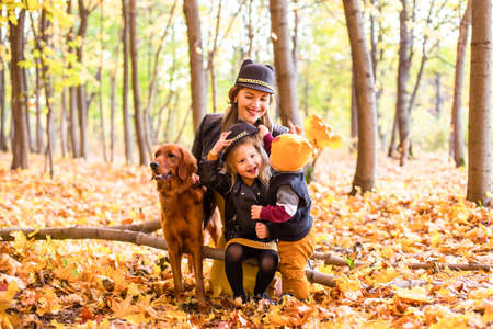 Beautiful family with a golden retriever dog on a walk in autumn sunny nature