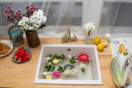 Elegant bathroom with stylish interior design, modern bathの写真素材