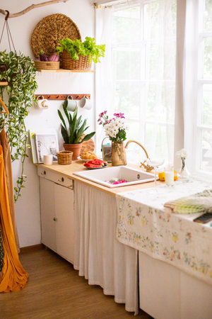 Elegant bathroom with stylish interior design, modern bathの写真素材