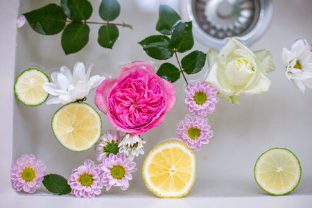 Elegant bathroom with stylish interior design, modern bathの写真素材