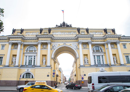 Facade of l buildings in a street in the city center of saint petersburgの写真素材