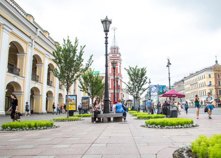 Facade of l buildings in a street in the city center of saint petersburgの写真素材