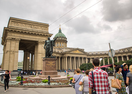 Facade of l buildings in a street in the city center of saint petersburgの写真素材
