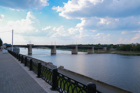 Tver cityscape on Volga river with bridges in summer, Russiaの写真素材
