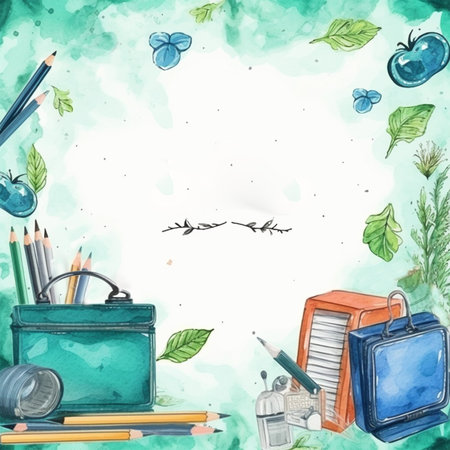 watercolor back to school background, objects and elements for schoolの写真素材