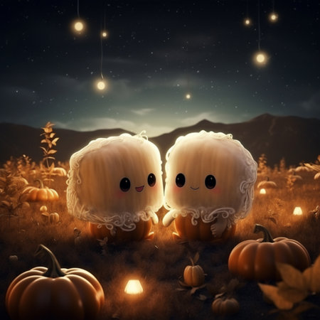 couple of cute ghosts in a field with pumpkinsの素材