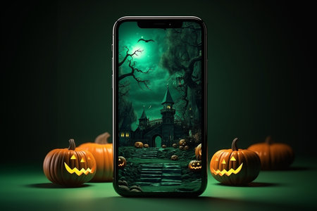 Halloween background with phone with copy spaceの素材