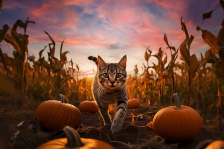 cat walks through a pumpkin patch at sunseの素材