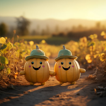 cute creatures walks through a pumpkin patch at sunsetの素材
