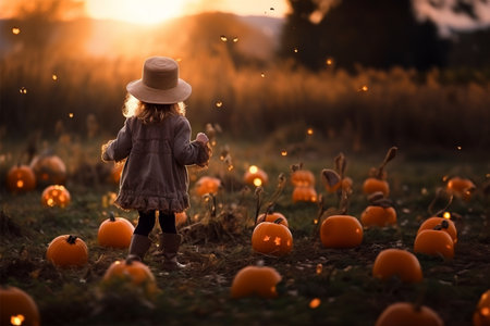 girl walks through a pumpkin patch at sunsetの素材