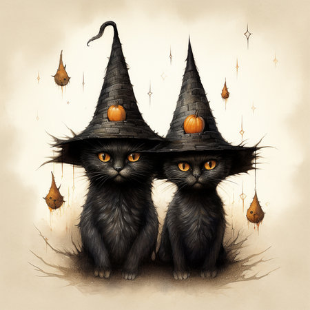 Black cat in witch hat among Halloween pumpkinsの素材