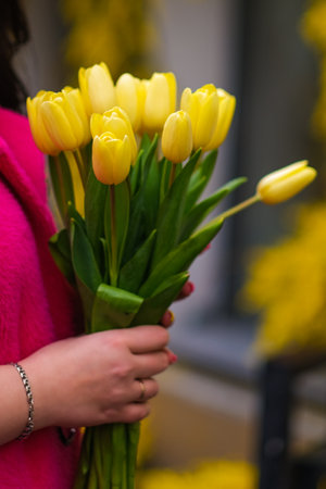 a showcase of decorated mimosa. spring timeの写真素材