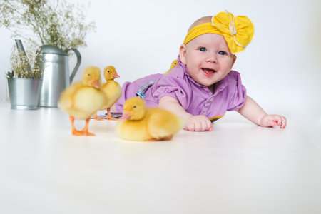 Cute child with little newborn chicks, enjoying, cute kid and animal friend