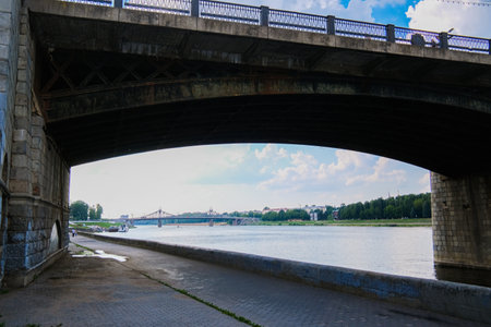 Tver cityscape on Volga river with bridges in summer, Russia. High quality photoの写真素材