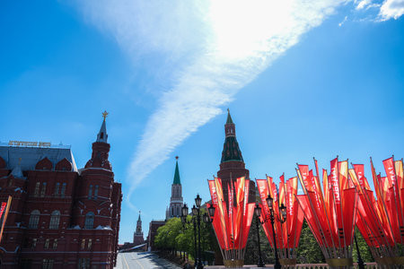 MOSCOW - MAY 2024: Victory Day decorations - red flags in Moscow city center