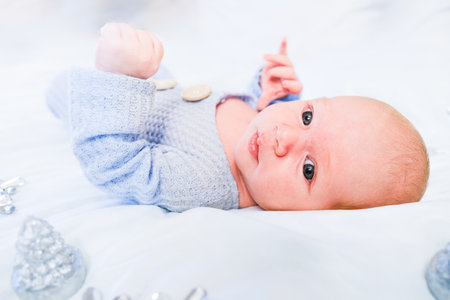 Christmas baby portraite. Caucasian kid sleeping Health and skin care blank