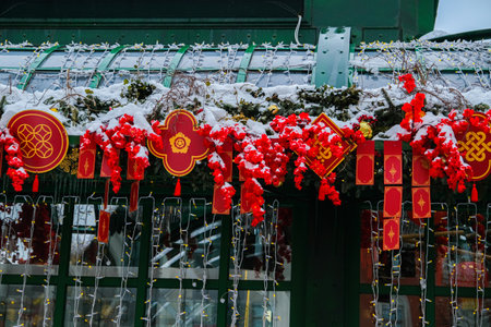 Chinese red lantern in the night of Chinese New Year of happinessの写真素材