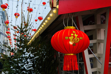 Chinese red lantern in the night of Chinese New Year of happiness. High quality photoの写真素材
