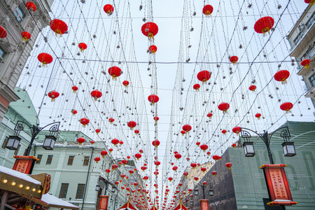 Chinese red lantern in the night of Chinese New Year of happiness. High quality photoの写真素材