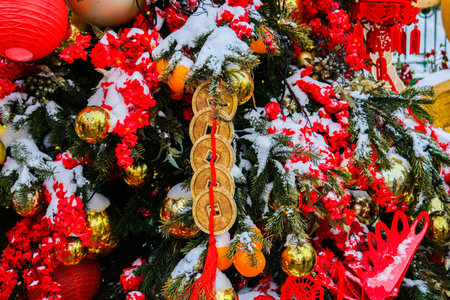 Chinese red lantern in the night of Chinese New Year of happiness. High quality photoの写真素材