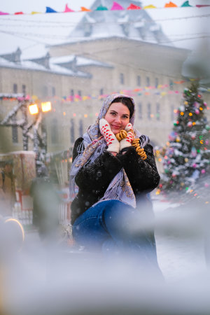 A woman in a Russian folk headscarf in the Moscowの写真素材