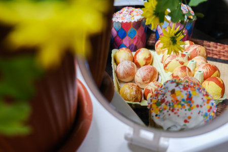 Close-up view of chicken eggs, homemade easter cake and willow twigs. High quality photo