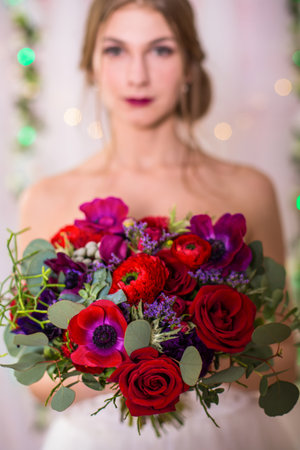 Beautiful Woman Bride Makeup and Hairstyle, Girl studio. High quality photoの写真素材