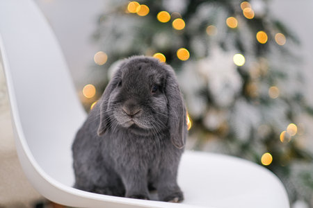 Gray rabbit in New Year's decorations. High quality photoの写真素材